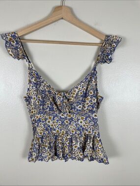 Patrons of Peace Blue Floral Tie-Front Ruffle Top. NEW XS